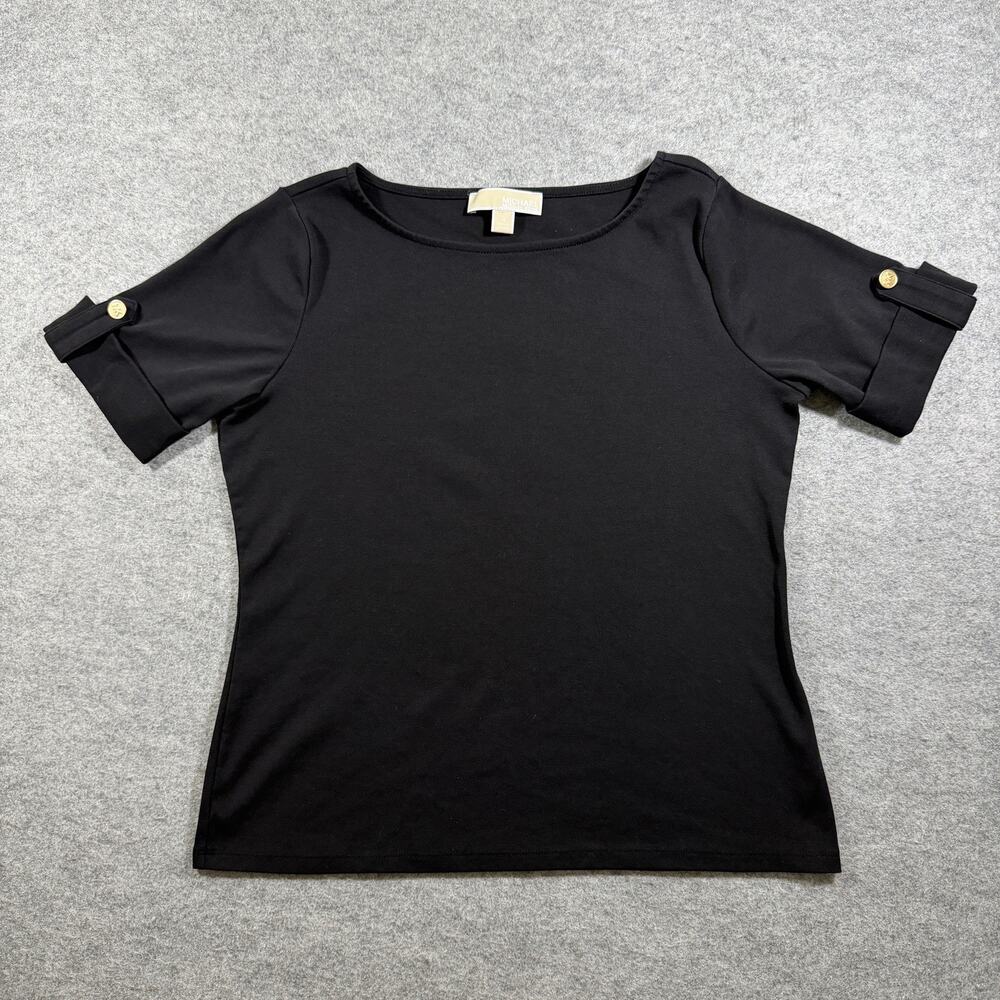 Michael Michael Kors Top Womens M Black Boat Neck Roll-Tab Logo Button Fitted